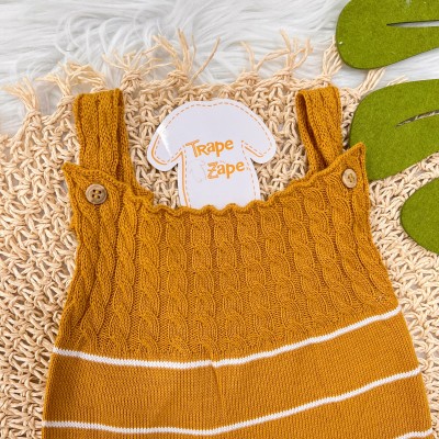 Jardineira Longa de  Linha - Mostarda com Listras Brancas